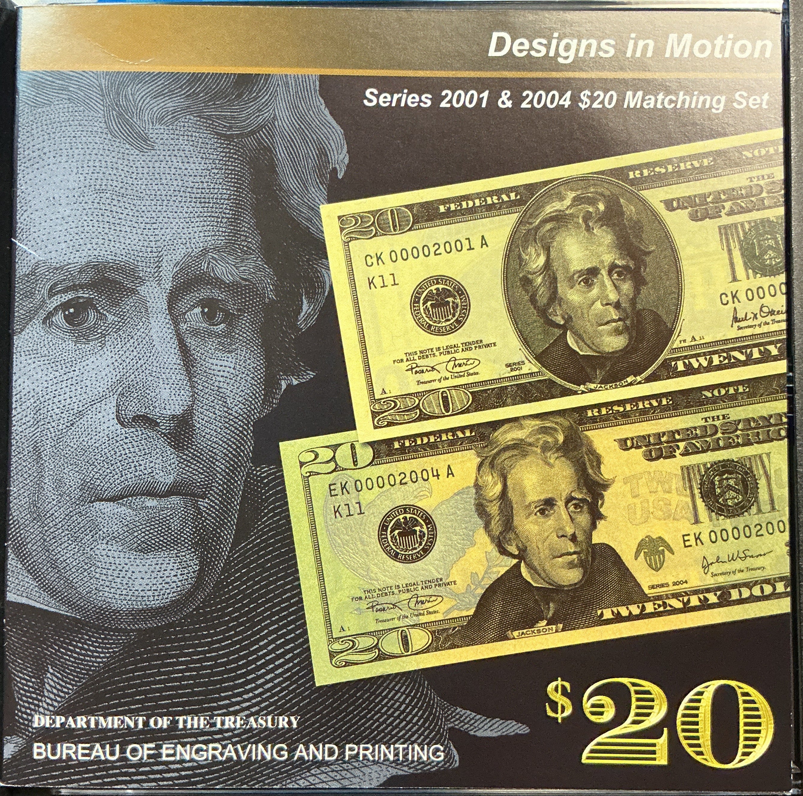 2001 & 2004, $20 Designs in Motion Set, Dept of Treasury-BEP, #FRN015