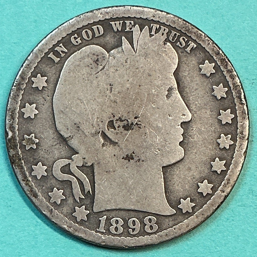 1898-O Barber Quarter., About Good Circulated Details., Store#QR1211