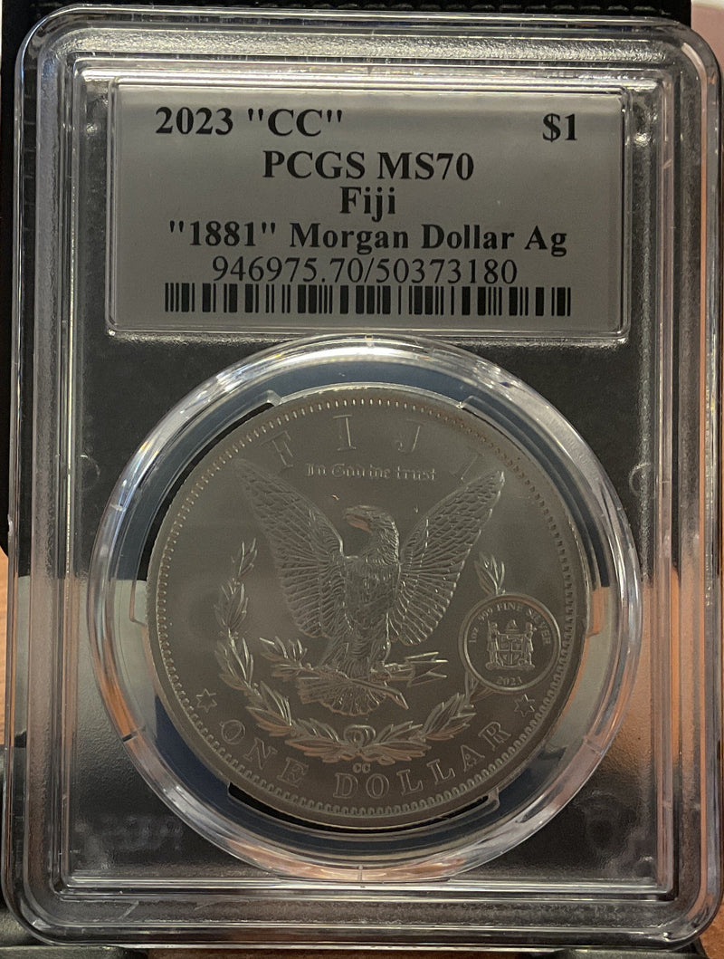 .999 silver, 1 Troy Ounce, 2023 Fiji Privy Morgan Ag, PCGS MS-70, Store