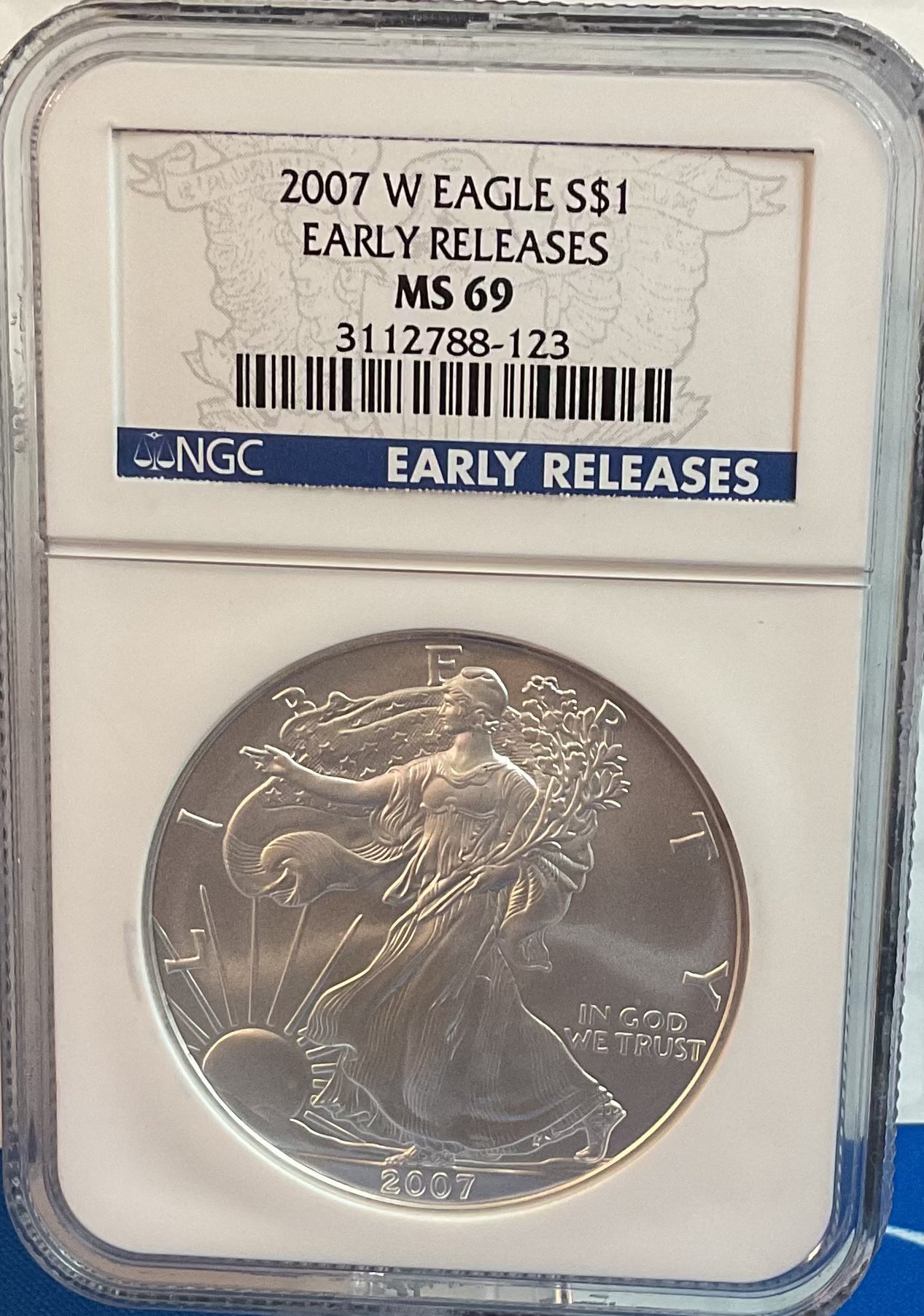 2007 W American Silver Eagle, Early Releases, Burnished, NGC MS-69, Store#AE0284