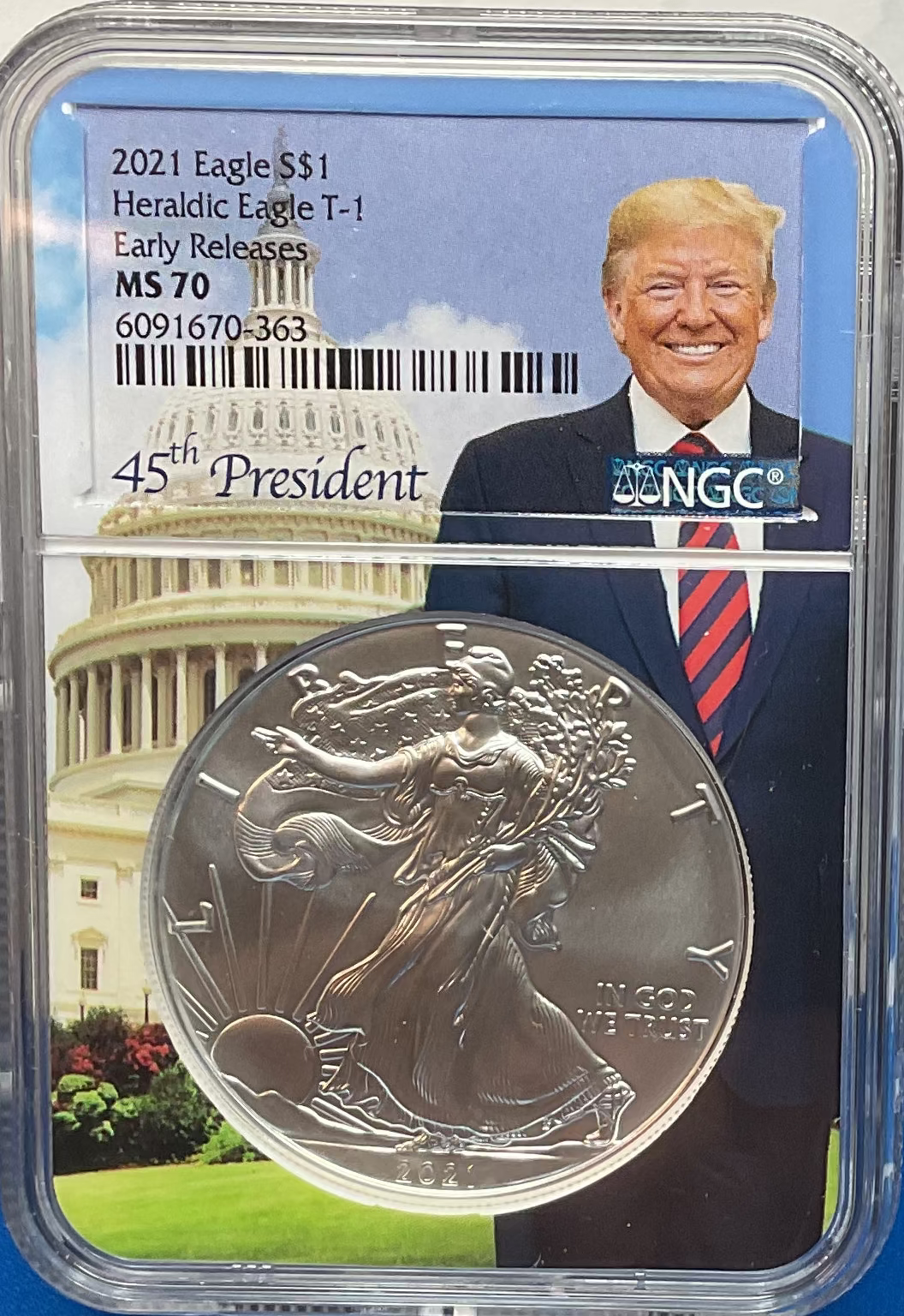 2021 American Silver Eagle, Heraldic Eagle T-1, NGC MS-70, Store#AE0294