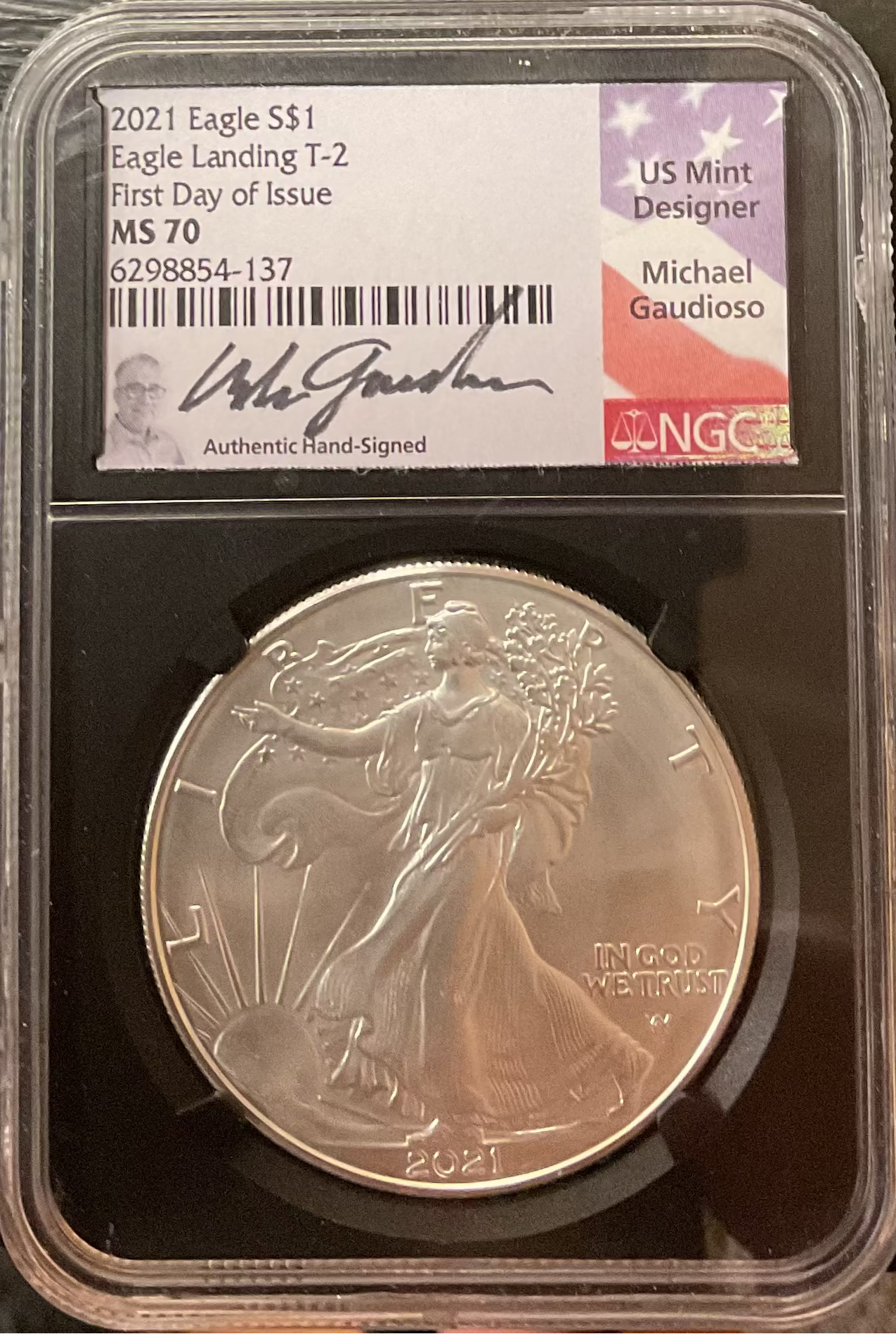 2021 T-2 American Silver Eagle, First Day of Issue, NGC MS-70, Store#AE0407