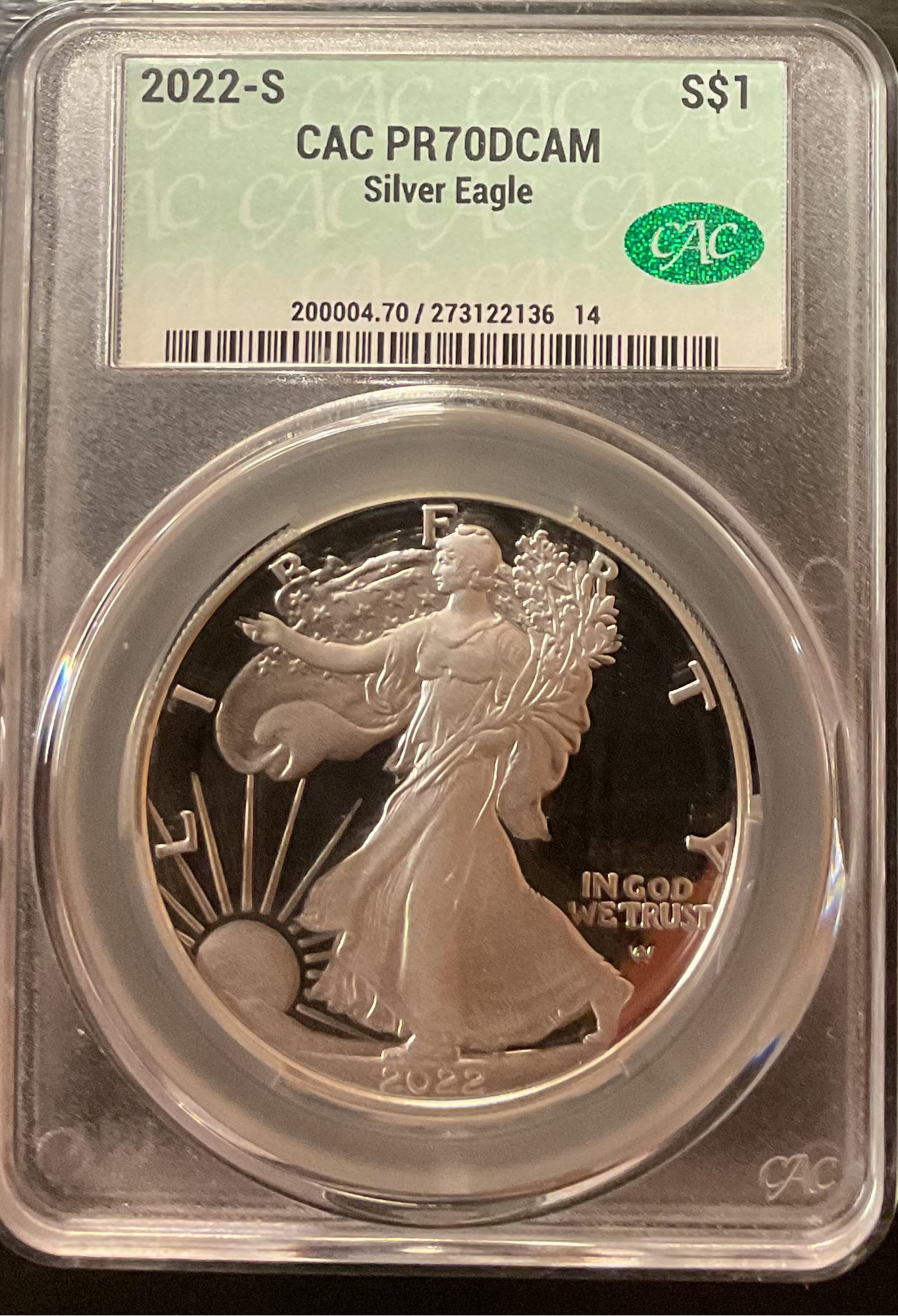 2022- S American Silver Eagle, CAC PR-70DCAM, Store#AE0408