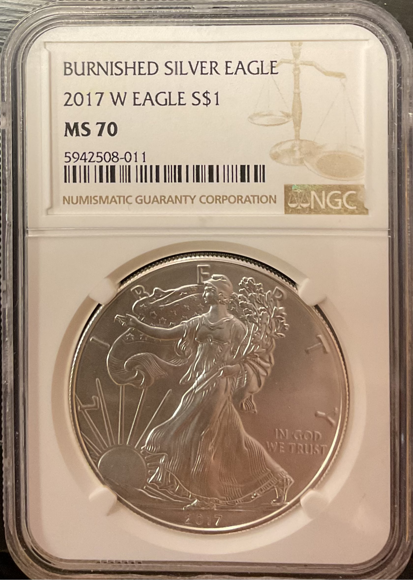 2017-W Burnished American Silver Eagle, NGC Graded MS-70, Store #AE0499