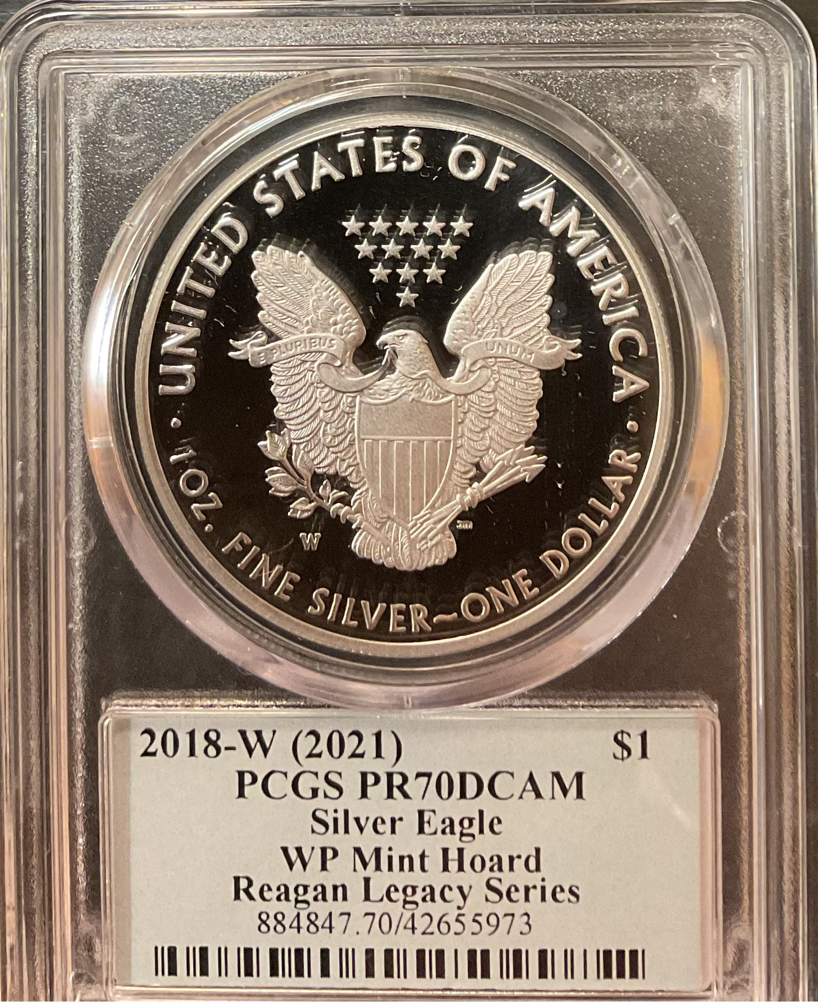 2018-W (2021) American Silver Eagle, PCGS PR70DCAM, WP Mint Hoard, Store #AE0500