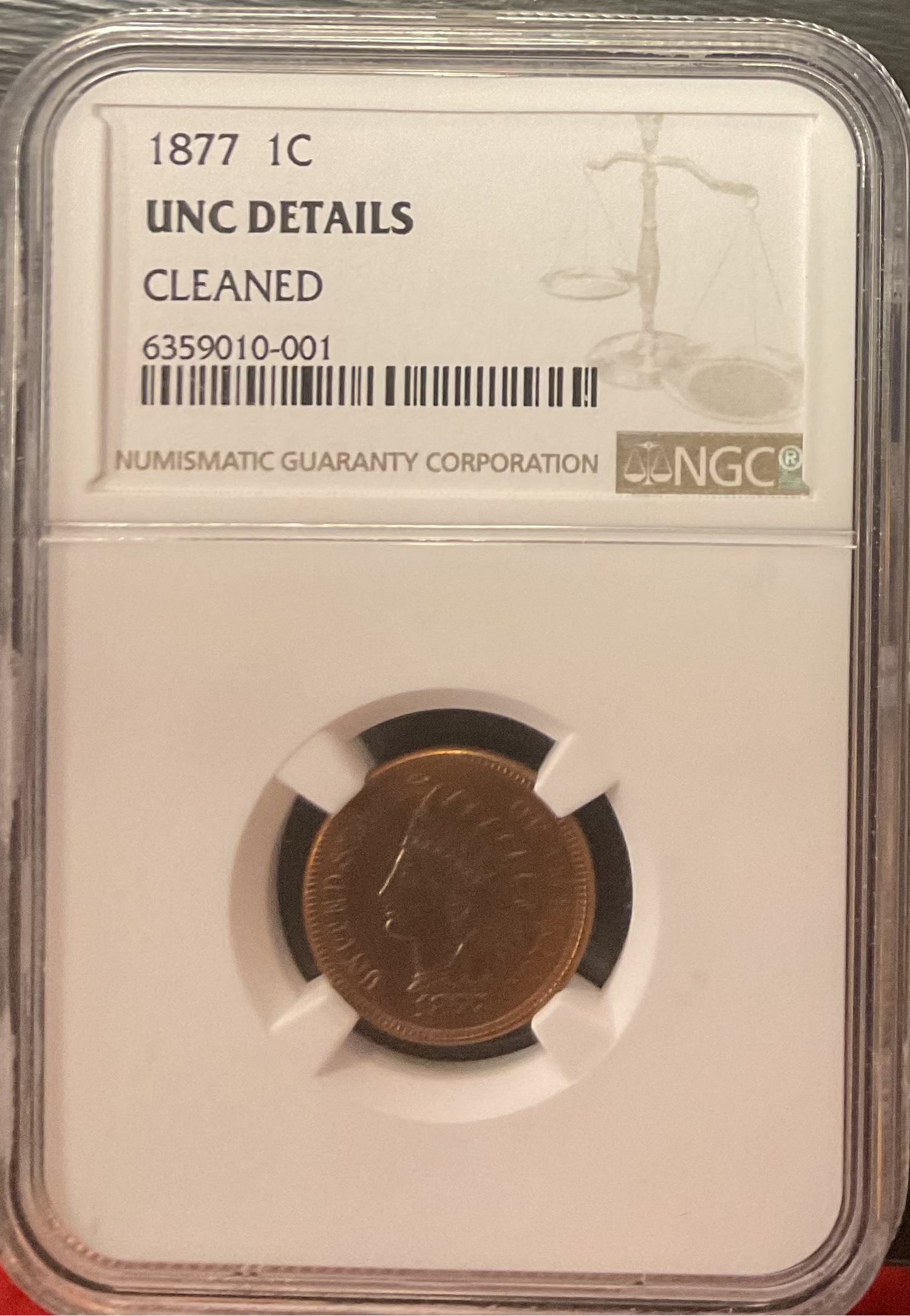 1877 Indian Head Cent, NGC UNC Details, Cleaned, Store #CT1478