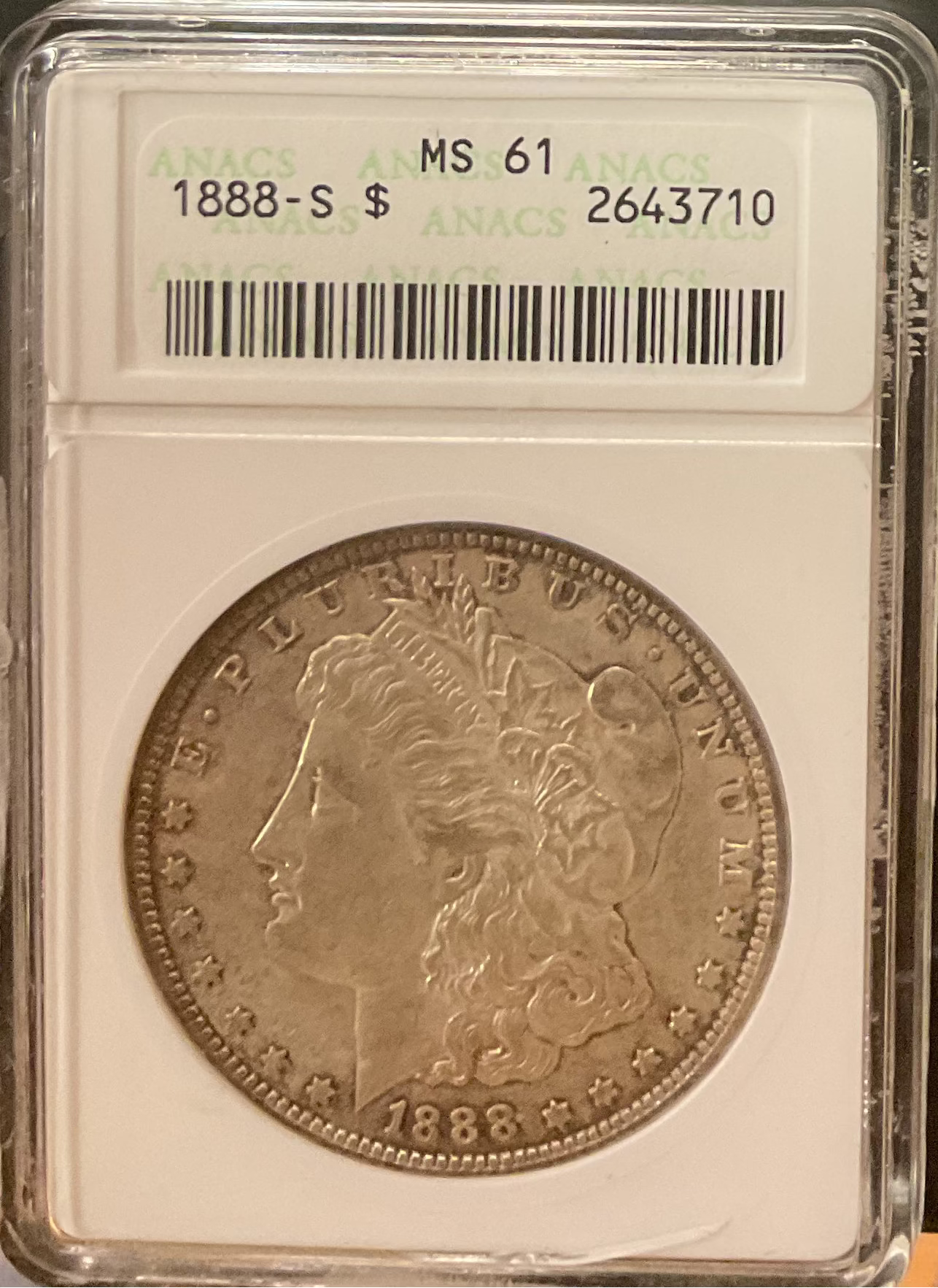 1888-S Morgan Silver Dollar, ANACS (soap box holder) MS 61. Store #DR0573.