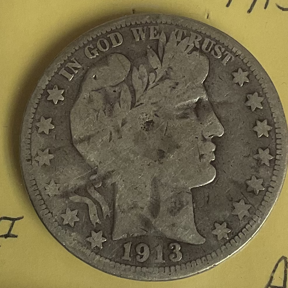 1913-S Barber Silver Half Dollar, Damaged About Good Circulated Coin, Store #HR0826