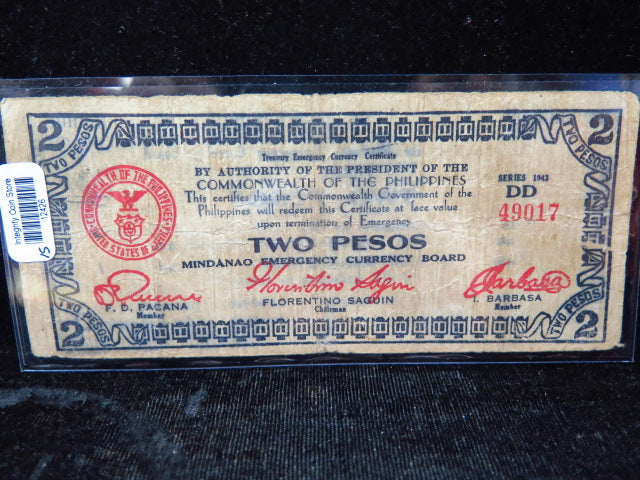 1943 DD Philippines Two Pesos WWII Mindanao Emergency Currency Banknote, Store