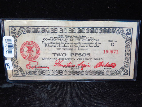 1944 D Philippines Two Pesos WWII Mindanao Emergency Currency Banknote, Store #12418