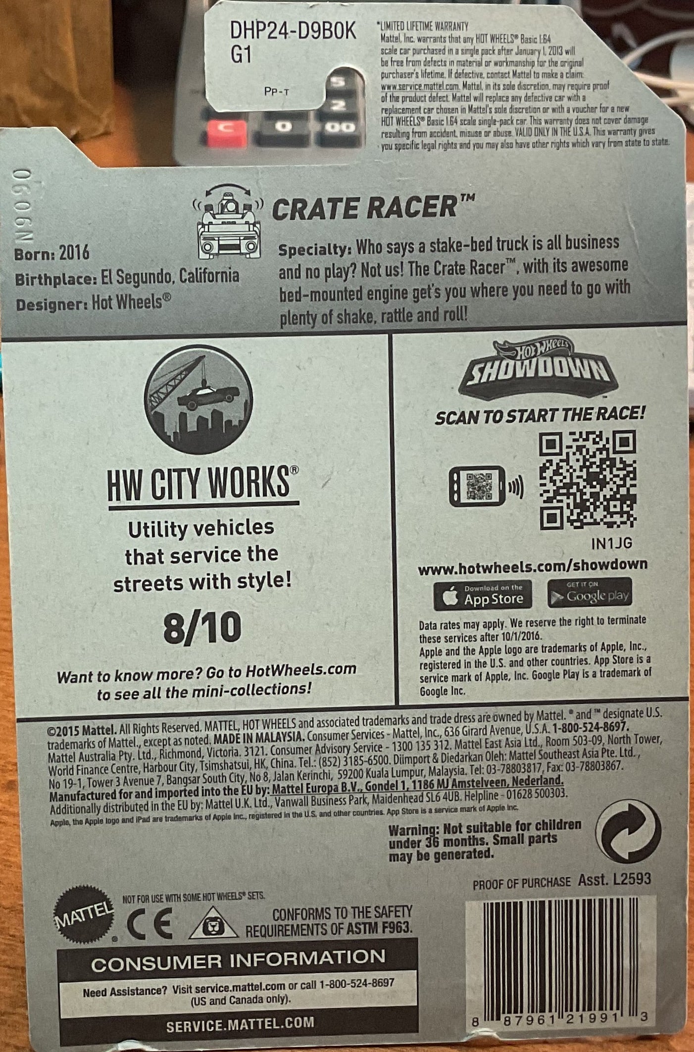 CRATE RACER Hot Wheels toy car, DHP24-D9B0K G1, 'HW CITY WORKS', Store #TY008