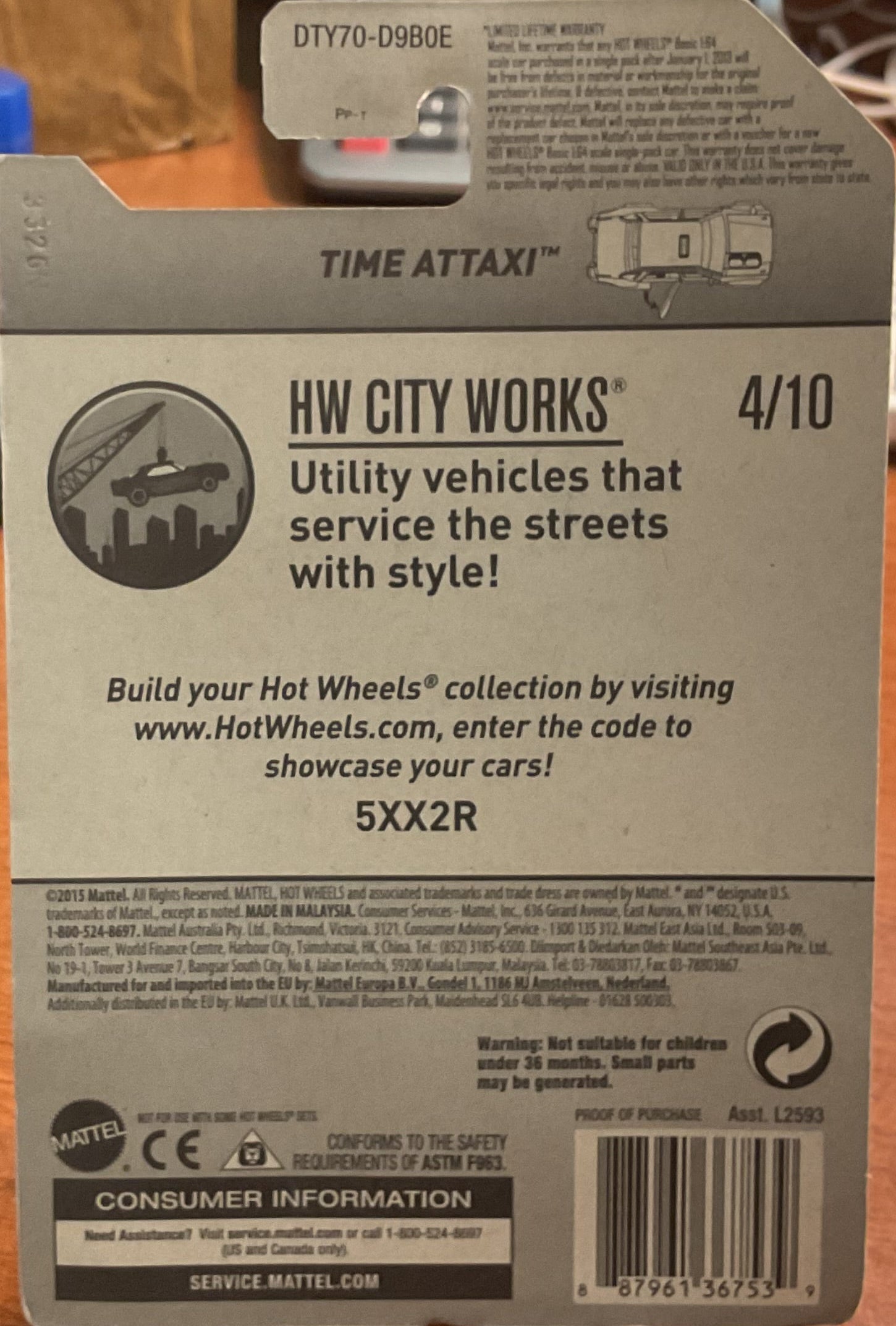 TIME ATTAXI Hot Wheels toy car, DTY70-D9B0E, 'HW CITY WORKS', Store #TY009
