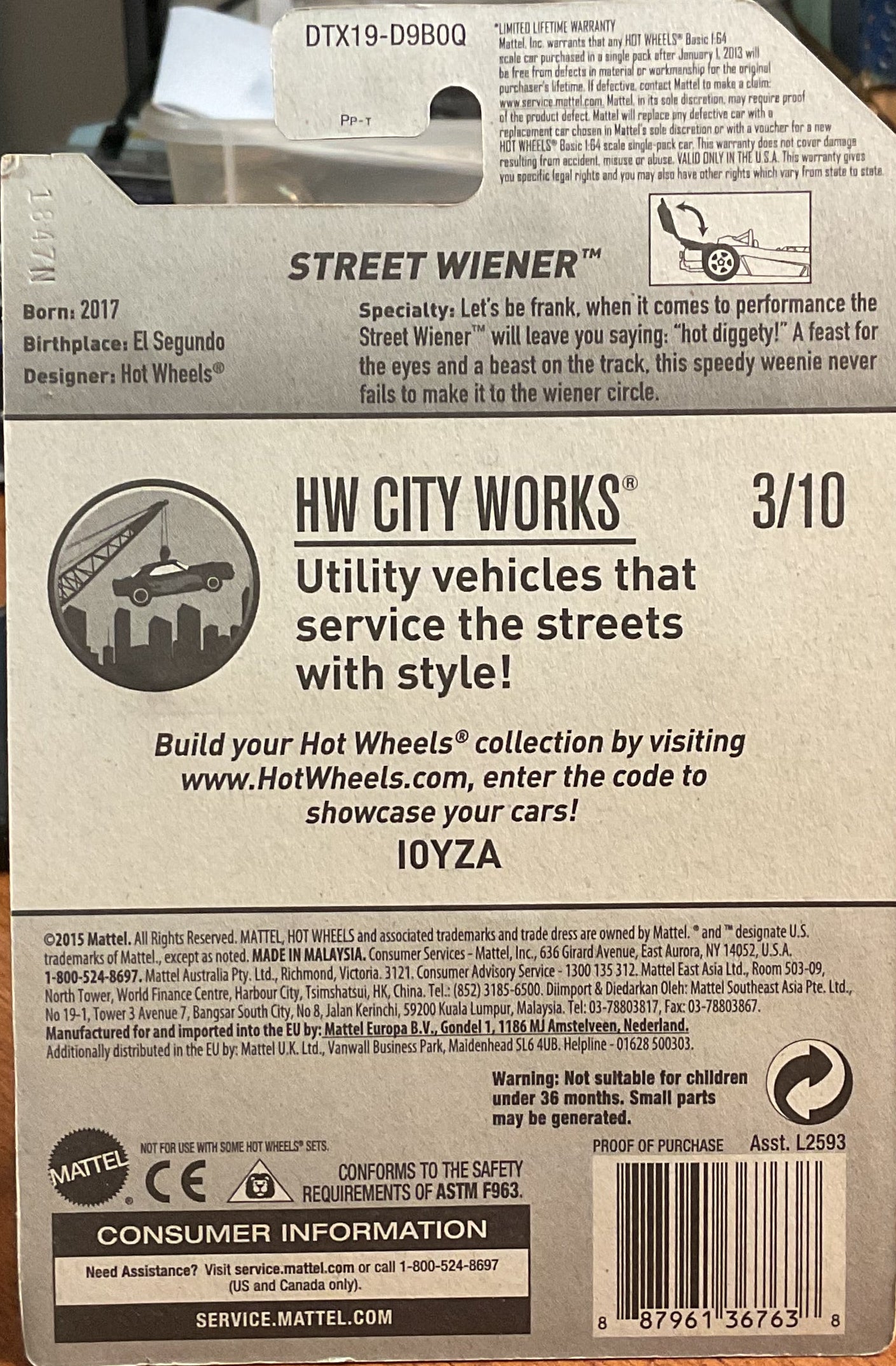 STREET WIENER, Hot Wheels Toy Car, DTX19-D9B0Q, 'HW CITY WORKS', Store #TY012