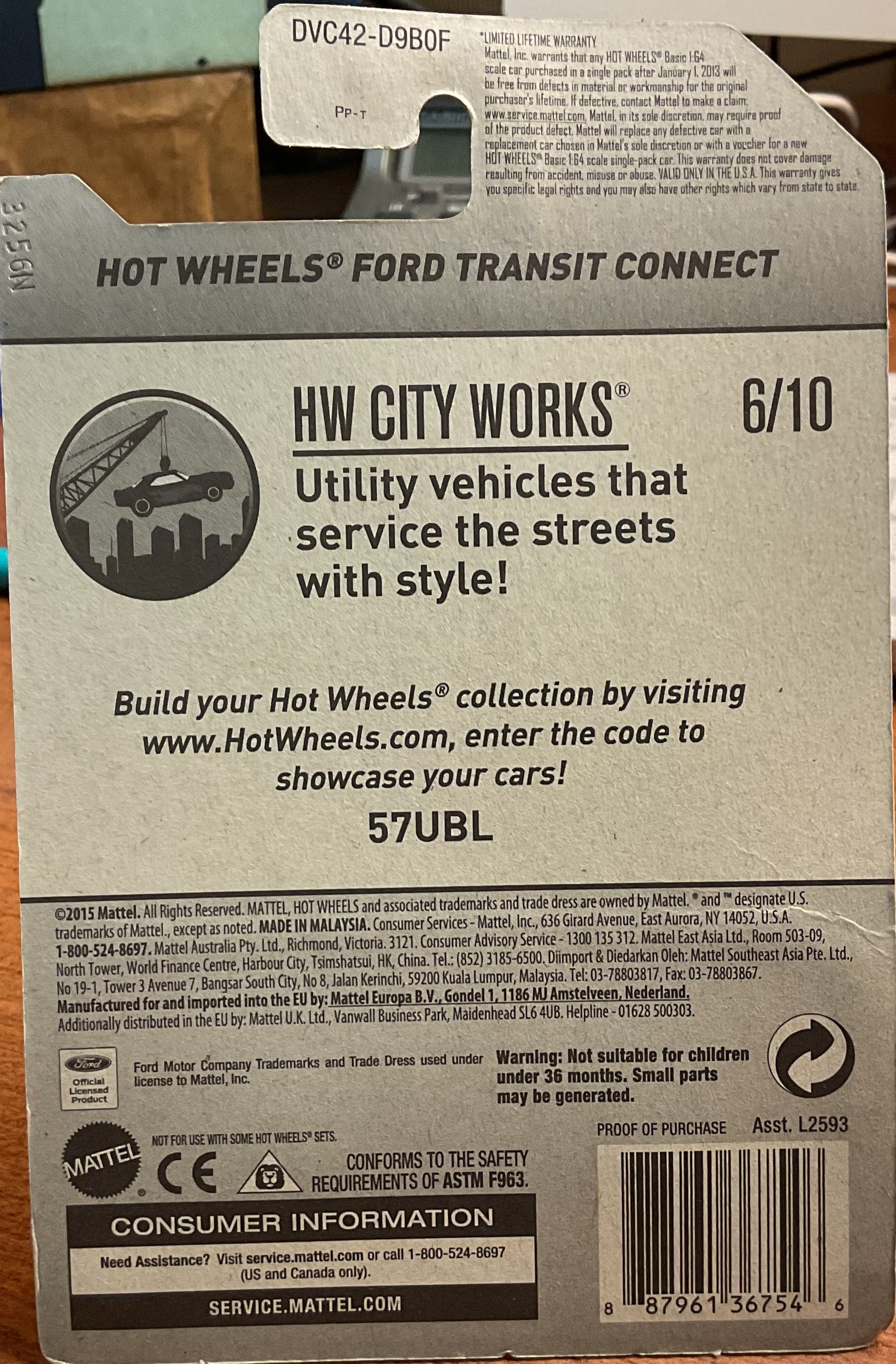 TRANSIT CONNECT, Hot Wheels Toy Car, DVC42-D9B0F, 'HW CITY WORKS', Store #TY013