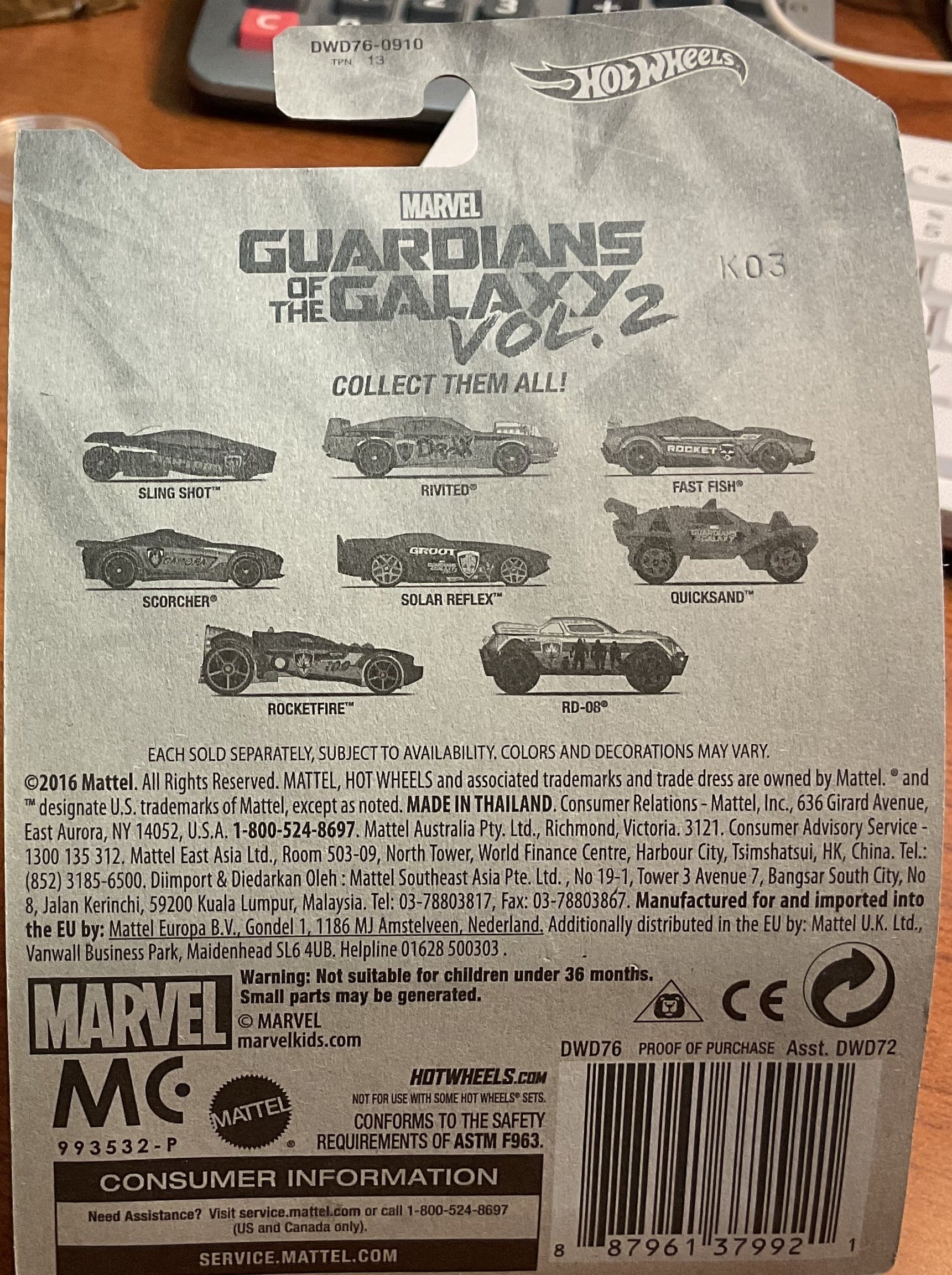 GUARDIANS of the GALAXY VOL 2., Hot Wheels Toy Car, DWD76- 0910, Store #TY024
