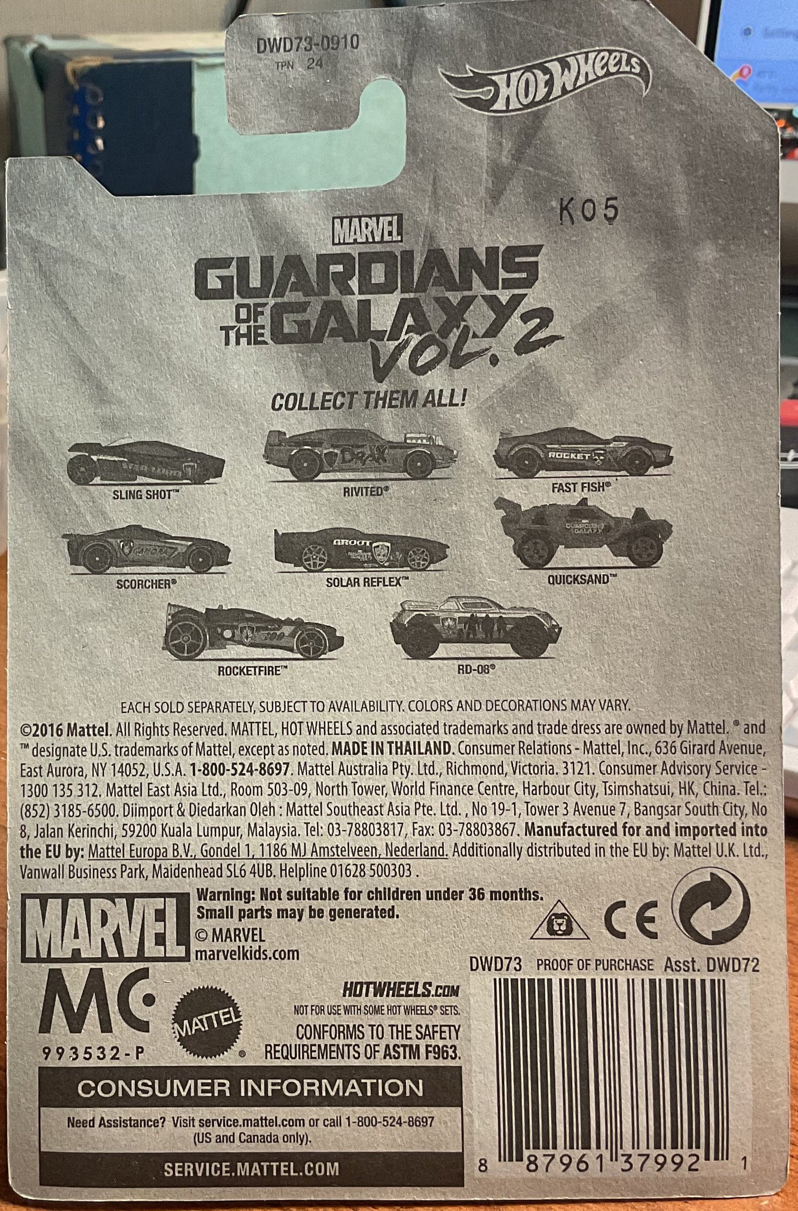 GUARDIANS of the GALAXY VOL 2., Hot Wheels Toy Car, DWD73- 0910, Store #TY025