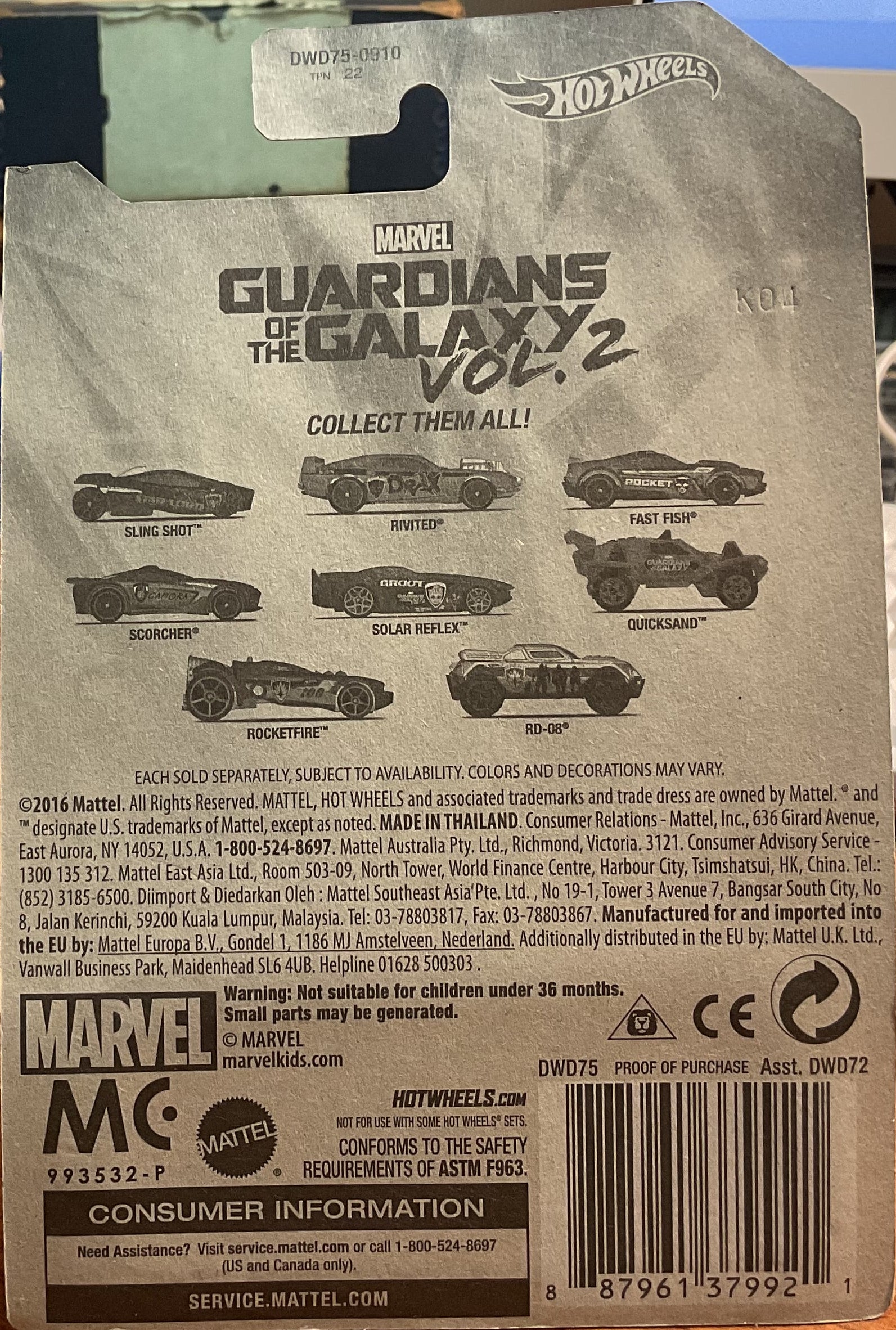 GUARDIANS of the GALAXY VOL 2., Hot Wheels Toy Car, DWD75- 0910, Store #TY026