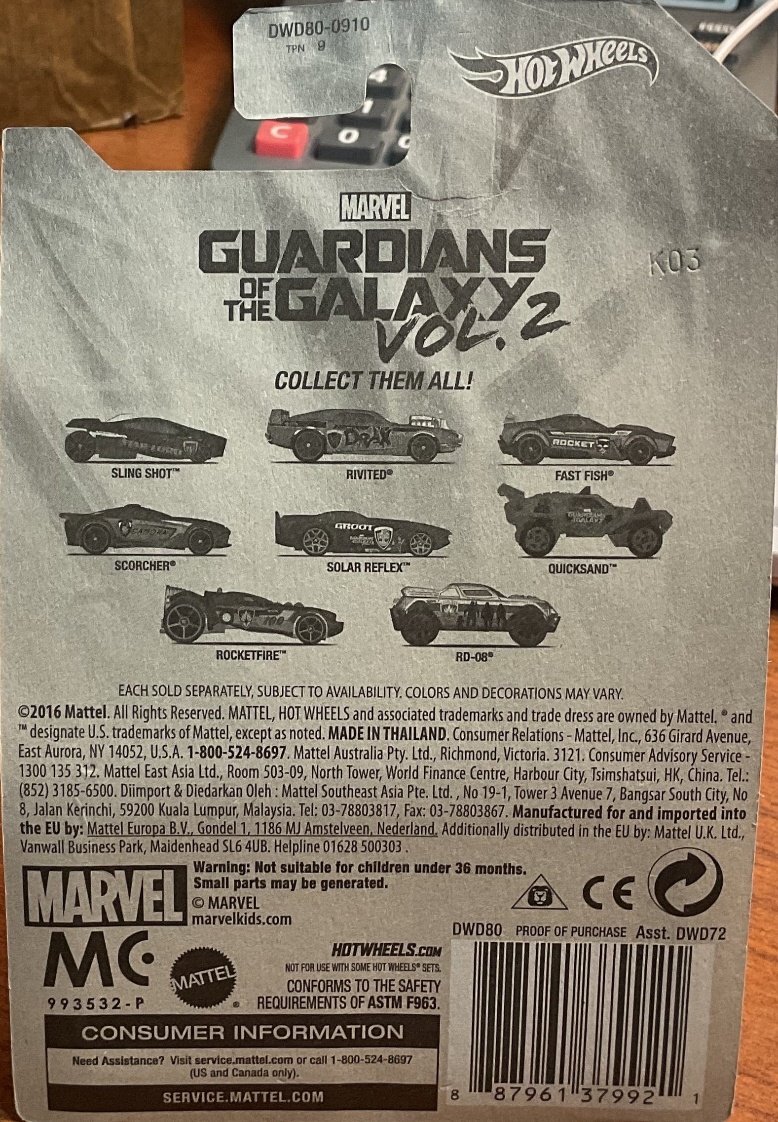 GUARDIANS of the GALAXY VOL 2., Hot Wheels Toy Car, DWD80- 0910, Store #TY027