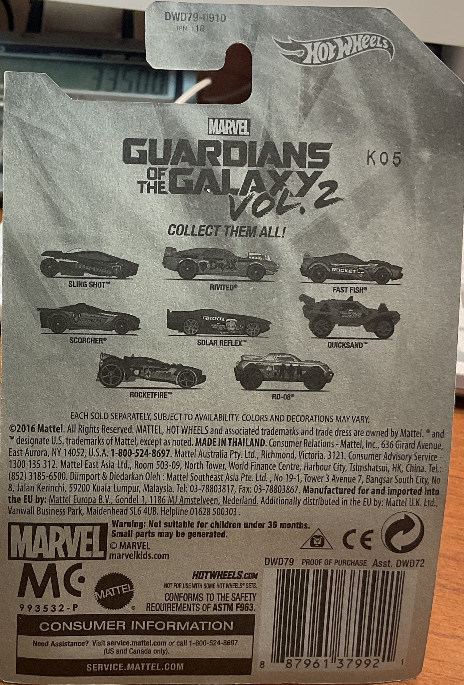 GUARDIANS of the GALAXY VOL 2., Hot Wheels Toy Car, DWD79- 0910, Store #TY028