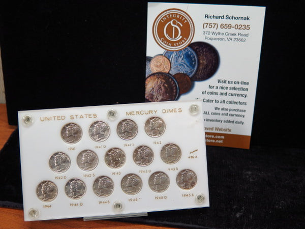 1941-1945- P, D, S Set of 15 Mercury Dimes, UNC. Store # 12490
