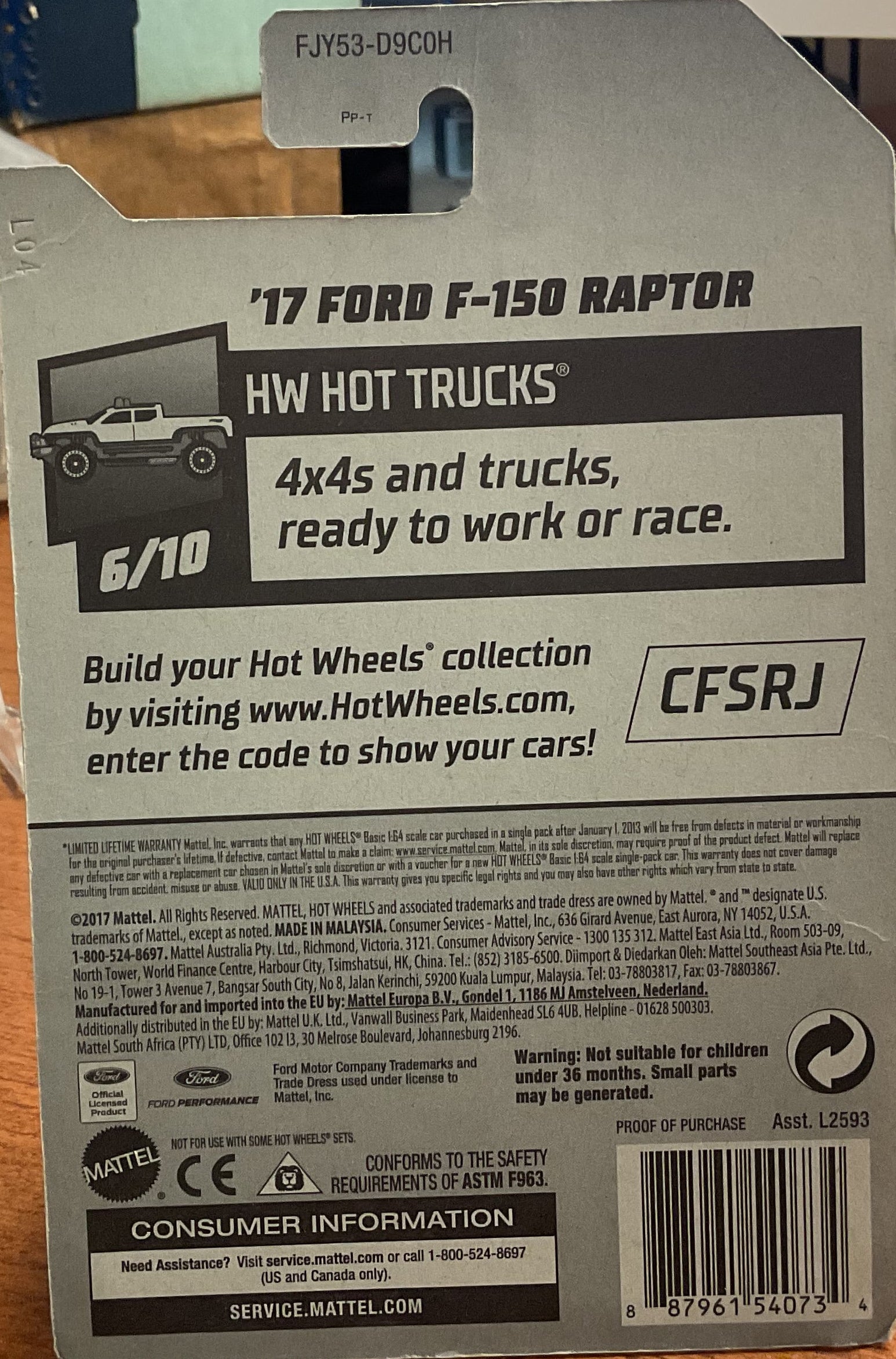 '17 FORD F-150 RAPTOR, HW HOT TRUCKS, Wheels Toy Car, FJY53-D9C0H, Store #TY038