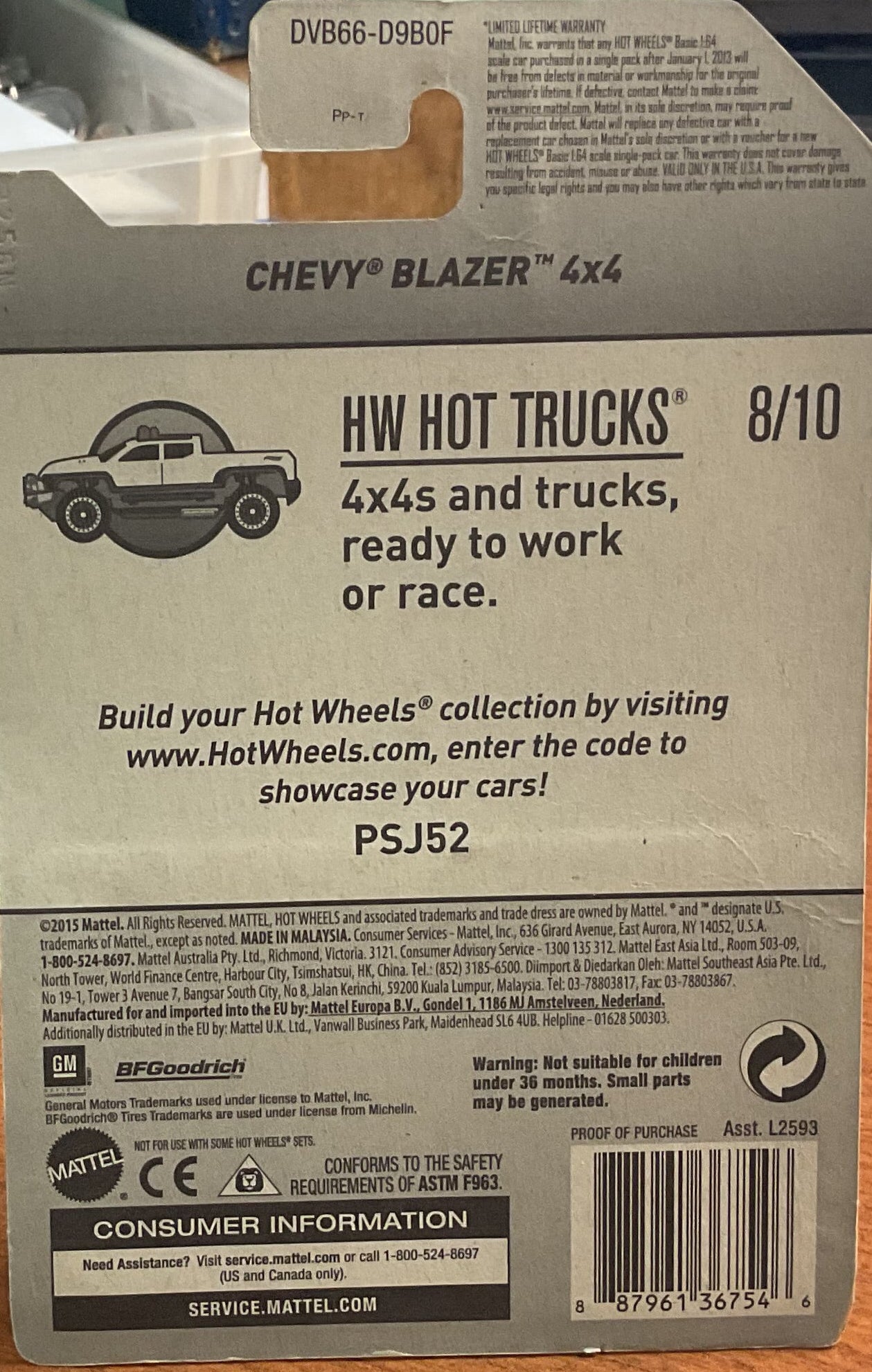 CHEVY BLAZER 4X4, HW HOT TRUCKS, Wheels Toy Car, DVB66-D9B0F, Store #TY050