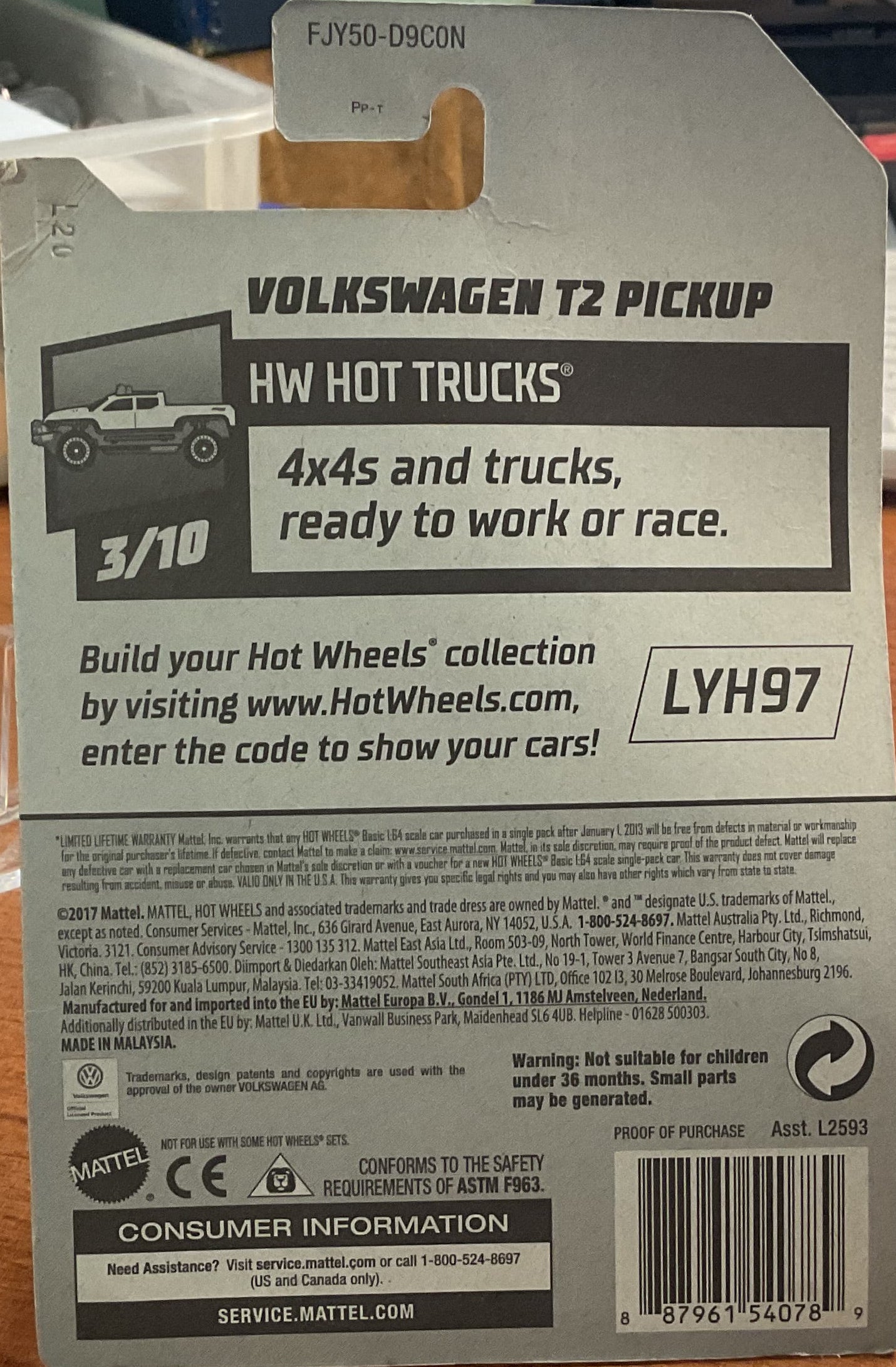 VOLKSWAGON T2 PICKUP, HW HOT TRUCKS, Wheels Toy Car, FJY50-D9C0N, Store #TY048