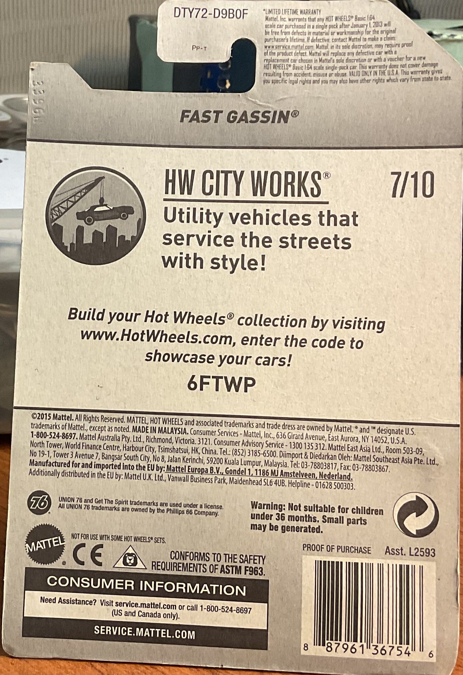 FAST GASSIN, HW CITY WORKS, Wheels Toy Car, FRR94-D9C0M, Store #TY059