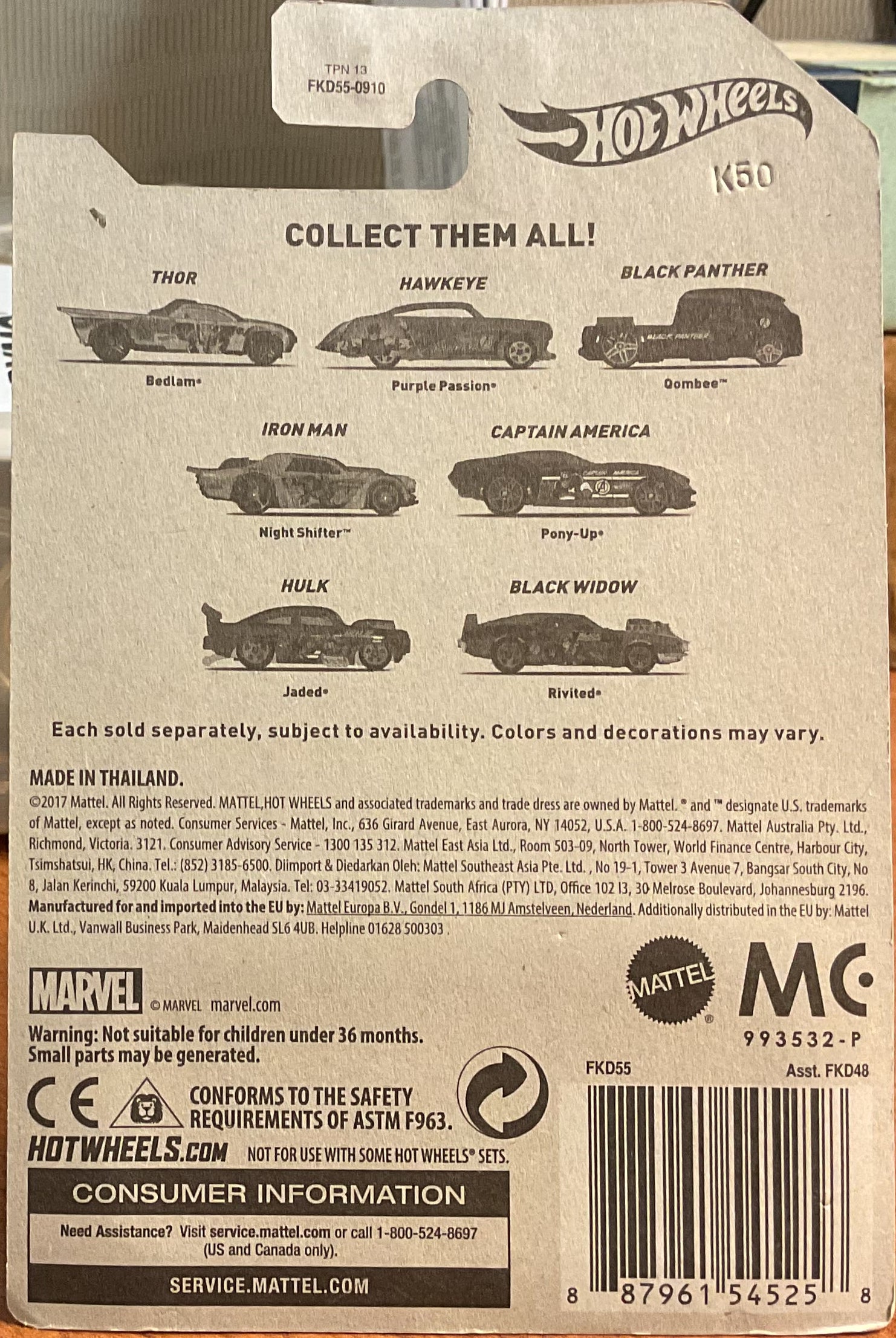 QOMBEE, THE AVENGERS, Hot Wheels Toy Car, FKD55-0910, Store #TY085