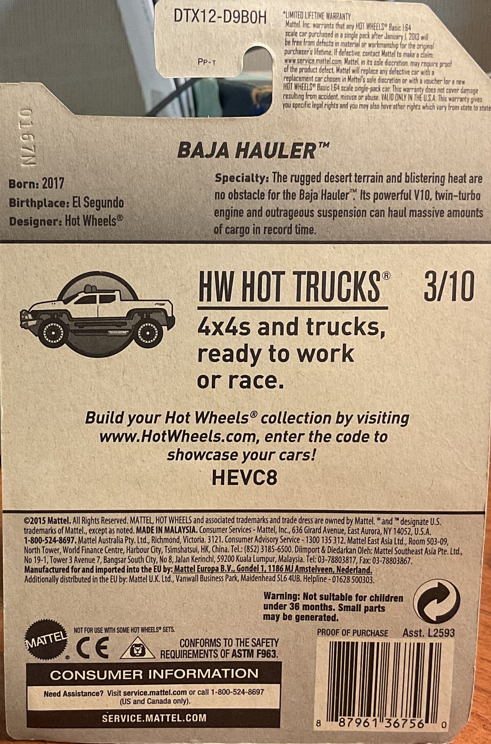 BAJA HAULER, HW HOT TRUCKS, Hot Wheels Toy Car, DTX12-D9B0H, Store #TY098