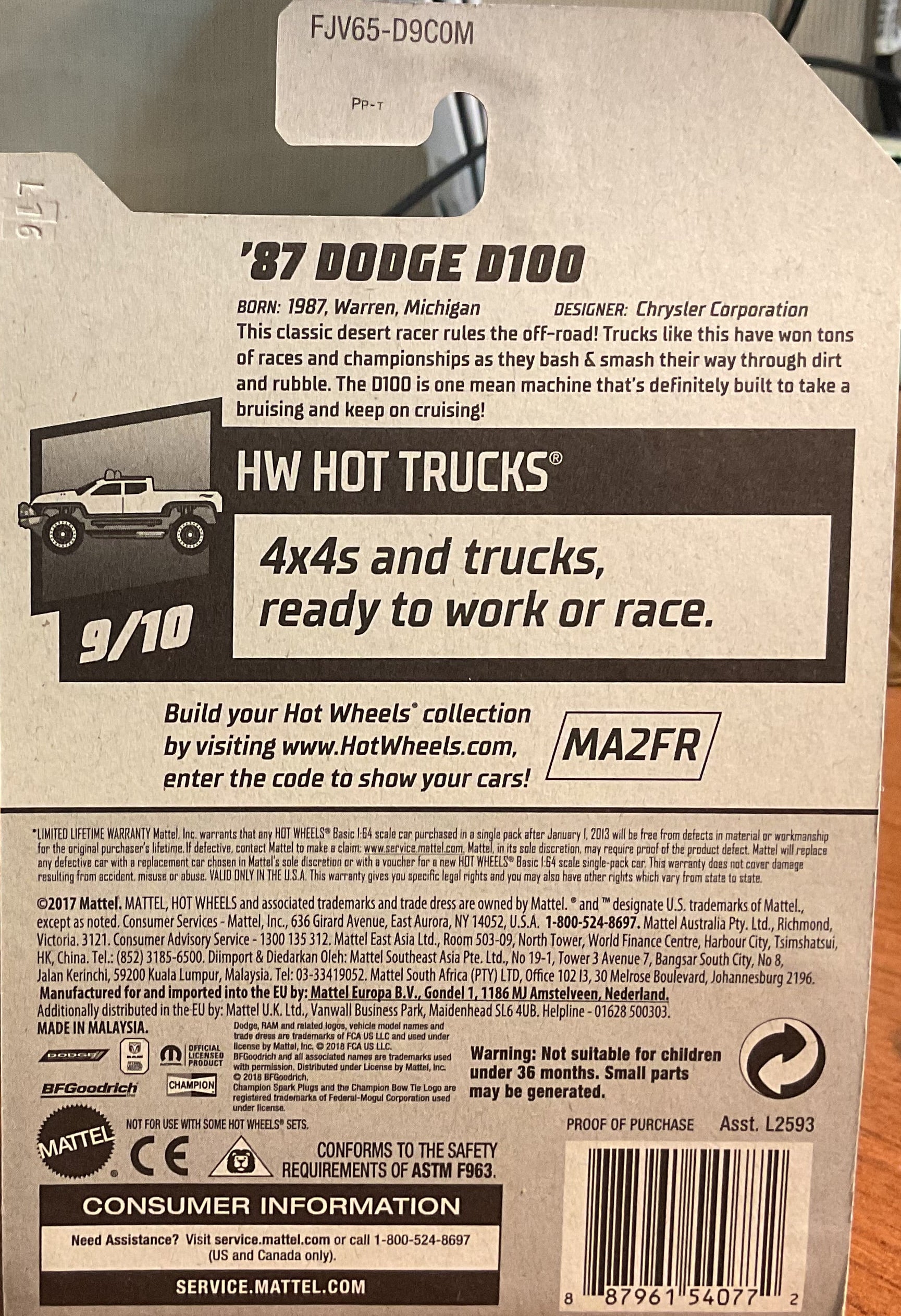 '87 DODGE D100, HW HOT TRUCKS, Hot Wheels Toy Car, FJV65-D9C0M, Store #TY100