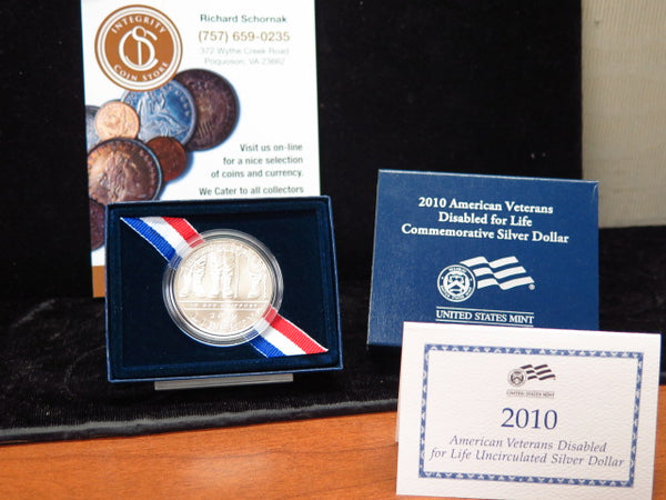 2010-W American Veterans Disabled For Life Silver Dollar Commemorative, Original Government Package, Store #12562