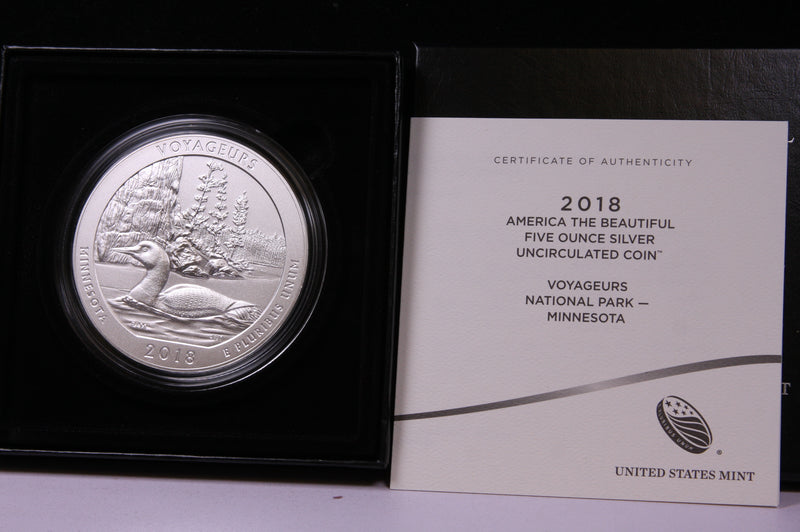 2018-P American The Beautiful, Five Ounce Silver Uncirculated Coin. Voyageurs. Store