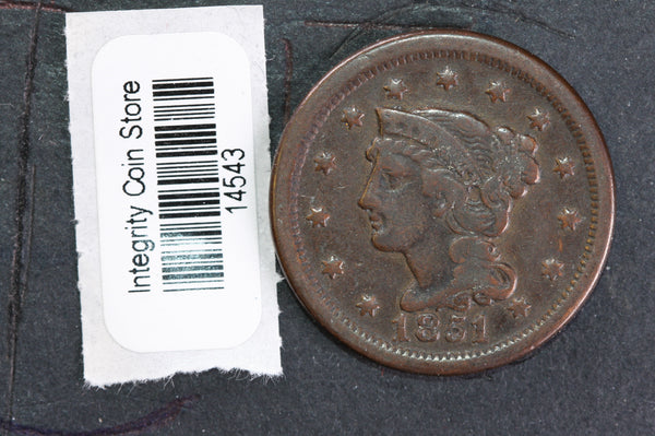 1851 Large Cent, Affordable Circulated Coin, Store Sale #14543