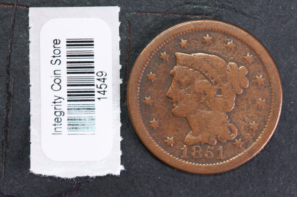 1851 Large Cent, Affordable Circulated Coin, Store Sale #14549