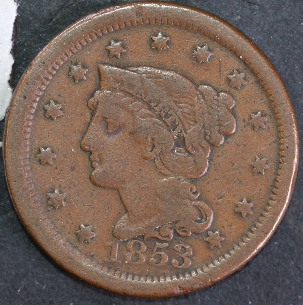 1853 Large Cent, Very Good Circulated Coin, Store Sale #CT1421