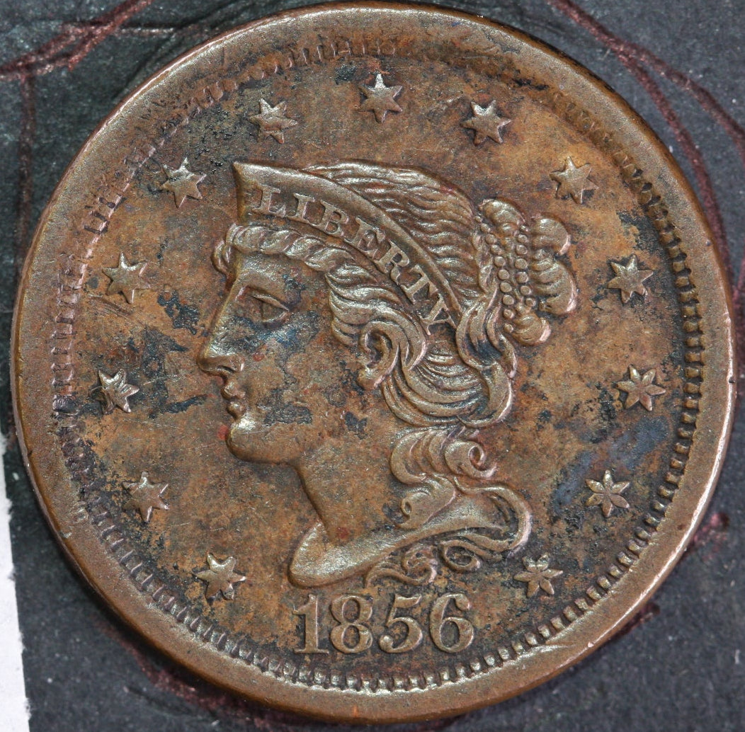 1856 Braided Hair Large Cent, Slant 5, Mint State Uncirculated Coin, Store #14567