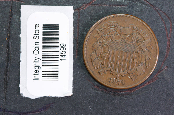 1871 Two Cent Piece. Affordable Collectible Coin, Store#14599