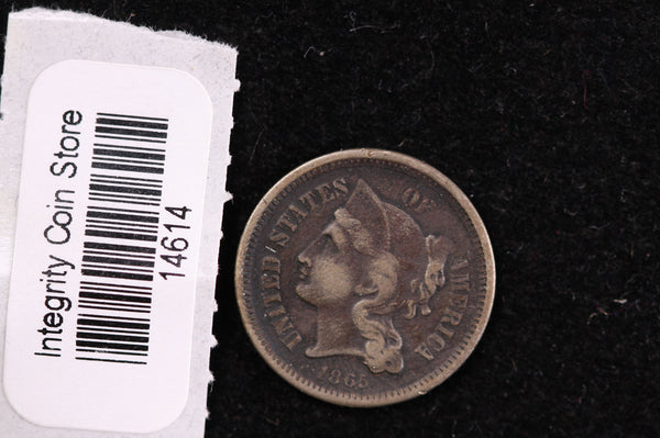 1865 Three Cent Copper Nickel (CN). Affordable Collectible Coin. Store #14614