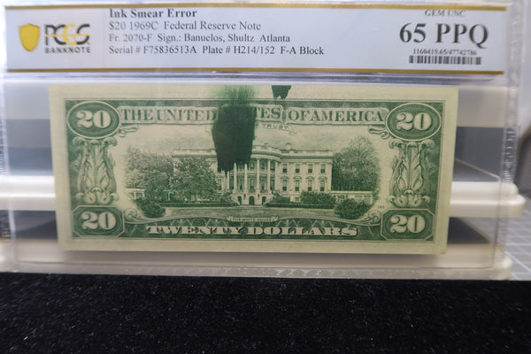 1969 C, $20 Federal Reserve Note, PCGS Graded, Error Note, Store # 85101