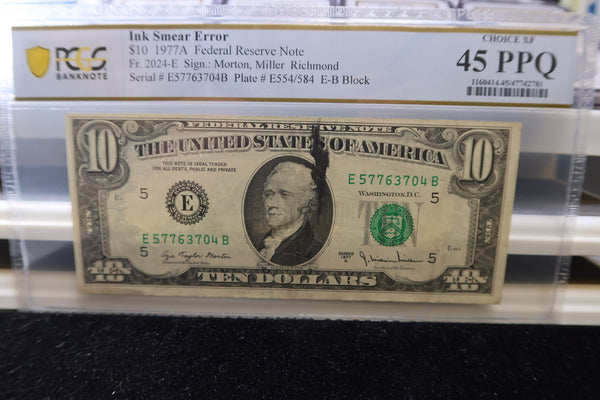 1977-A, $10 Federal Reserve Note, PCGS Graded, Error Note, Store # 85106