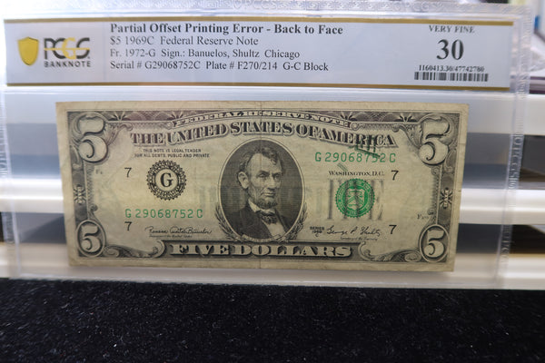 1969-C, $5 Federal Reserve Note, PCGS Graded, Error Note, Store # 85107