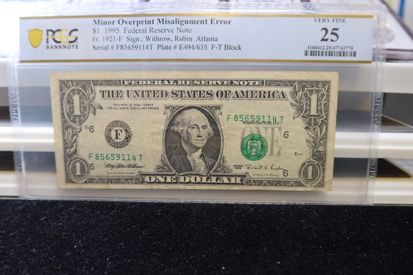 1995, $1 Federal Reserve Note, PCGS Graded, Error Note, Store # 85108
