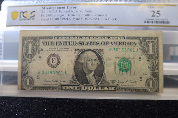 1969-D, $1 Federal Reserve Note, PCGS Graded, Error Note, Store #GFRB059