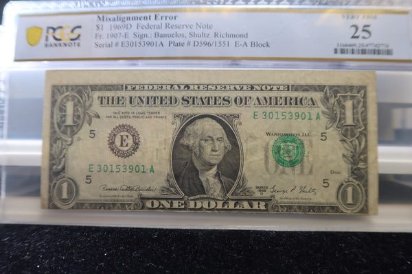1969-D, $1 Federal Reserve Note, PCGS Graded, Error Note, Store # 85111