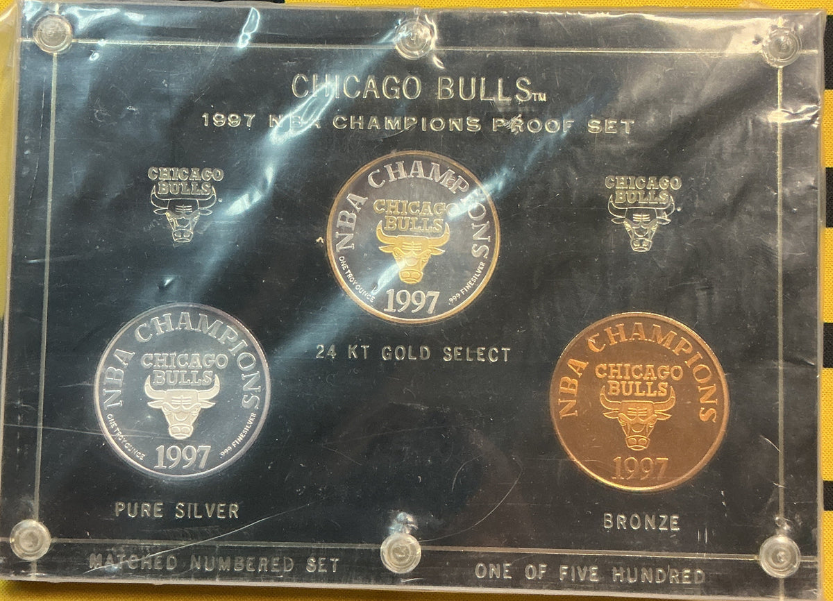 Chicago Bulls 1997 NBA Champions Proof Set! Two 1 Oz .999 Silver, one Bronze! Store# NBA022