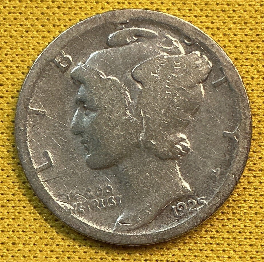 1925-S Mercury Dime, Very Good Circulated Coin, Store #DE1148