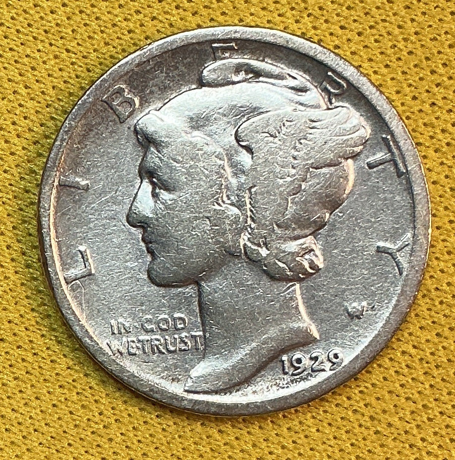 1929 Mercury Dime, Very Good Circulated Coin, Store #DE1187