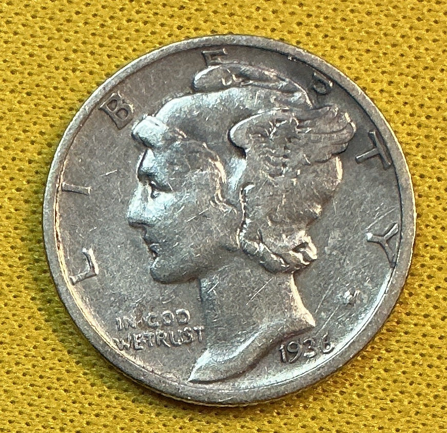 1936 Mercury Dime, Very Good Circulated Coin, Store #DE1219