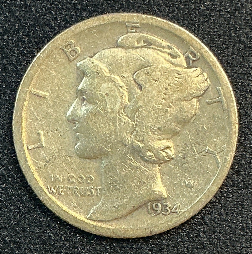 1934 Mercury Dime, About Good+ Circulated Coin, Store #DE1205